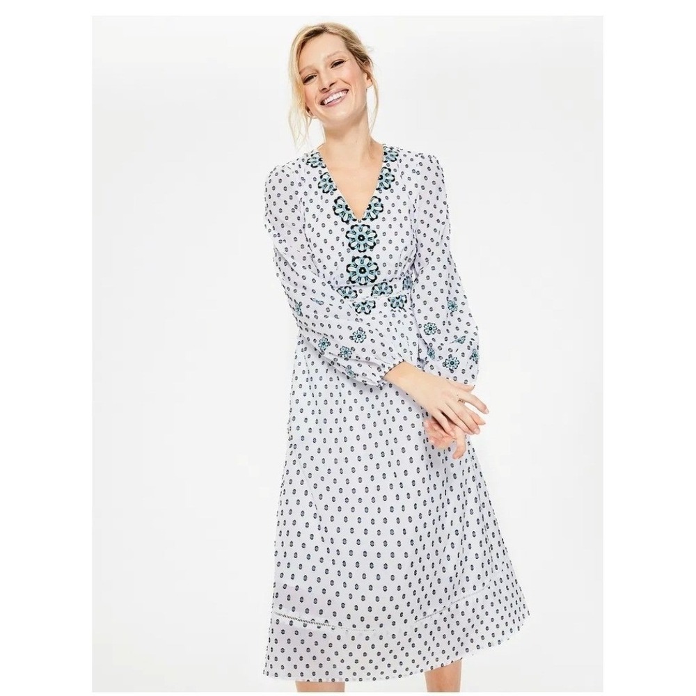 Boden Embroidered Midi Dress White Blue Polka Dot Floral V-Neck Size 16R